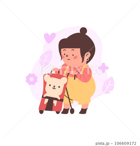 Baby carrying a stroller with toy teddy bear flat vector illustration isolated. Baby carrying a stroller with toy teddy bear flat vector illustration isolated. 106609172