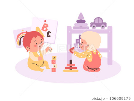 Cheerful toddlers sitting collects pyramid of colored rings, cubes with alphabet, baby playing toys vector illustration 106609179