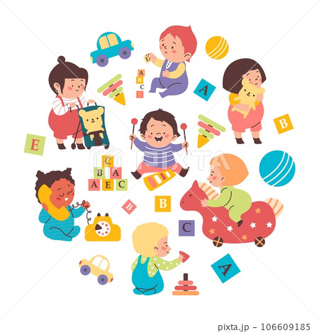 Children play toys and developmental puzzles flat vector illustration isolated. 106609185