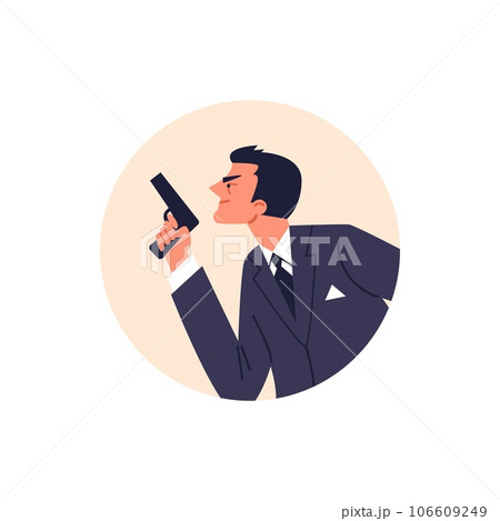 Round avatar of cunning man in suit holding gun side view flat style Round avatar of cunning man in suit holding gun side view flat style 106609249