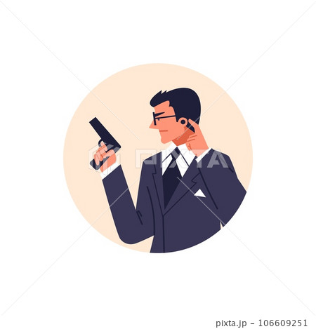 Special secret agent armed with pistol, private detective eavesdrops and spies flat vector illustration in round frame 106609251
