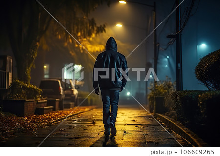 Suspicious Silhouette of a Hooded Figure Walking Under Street Light in the Dark Night. created with Generative AI 106609265