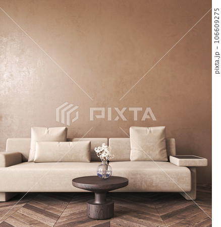 Japandi boho beige interior with lounge sofa and dry plant background. Light modern australian livingroom. 3d rendering mockup. High quality 3d illustration 106609275