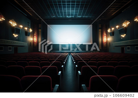 Cinema Auditorium. Blank Canvas of Entertainment with Empty Curtains and White Screen. created with Generative AI 106609402