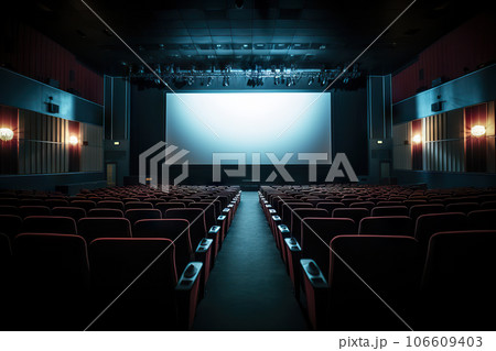Cinema Auditorium. Blank Canvas of Entertainment with Empty Curtains and White Screen. created with Generative AI 106609403