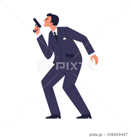 Secret agent or spy with gun, flat vector illustration isolated on white background. Secret agent or spy with gun, flat vector illustration isolated on white background. 106609487