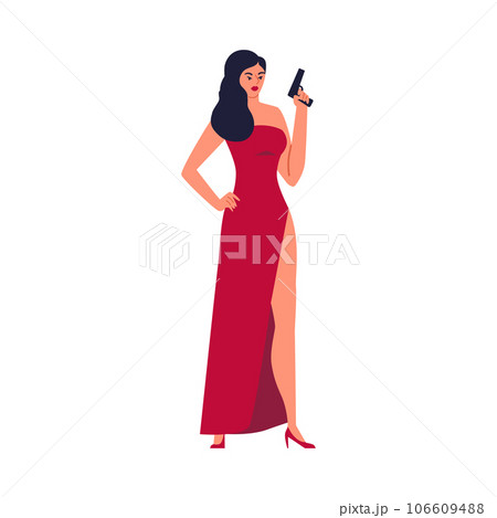 Beautiful sexy brunette woman in red dress armed with a pistol, special secret agent on mission flat vector illustration 106609488