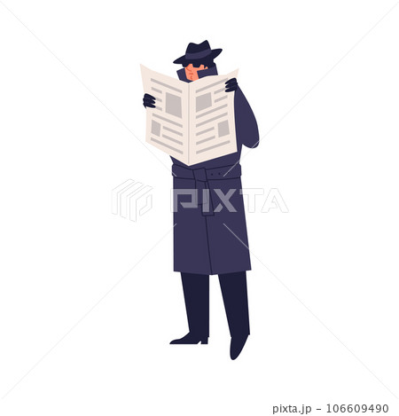 Special secret agent wearing dark cloak, hat and sunglasses spying under cover of a newspaper, vector haunts mission Special secret agent wearing dark cloak, hat and sunglasses spying under cover of a newspaper, vector haunts mission 106609490
