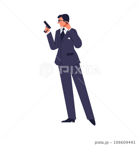 Man in suit with gun listening information in earpiece flat style 106609491
