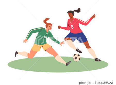 Emotional girls playing football flat style, vector illustration 106609528