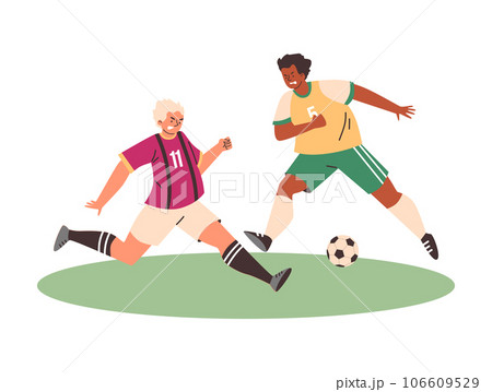 Football soccer two male players match, athletes fighting, kicking ball, sports game competition vector illustration 106609529