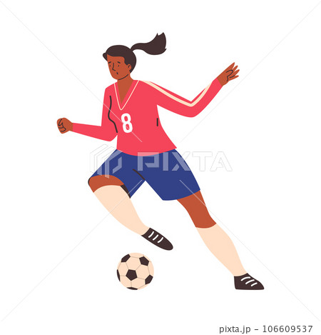 Woman playing soccer, kicking ball, flat vector illustration isolated on white background. Woman playing soccer, kicking ball, flat vector illustration isolated on white background. 106609537