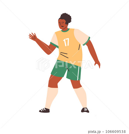 Football soccer player man in action, cartoon black man athlete, yellow green sportswear number 17 vector illustration 106609538