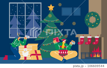 Happy people unwrapping gifts from secret Santa, flat vector illustration. Happy people unwrapping gifts from secret Santa, flat vector illustration. 106609544