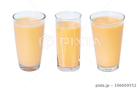 Lactic fermentation beverage light orange sour or yogurt taste in square, sphere glass tall three type isolated on white background. Fermented milk vitamin B2 low cholesterol Lactobacillus acidophilus Lactic fermentation beverage light orange sour or yogurt taste in square, sphere glass tall three type isolated on white background. Fermented milk vitamin B2 low cholesterol Lactobacillus acidophilus 106609552