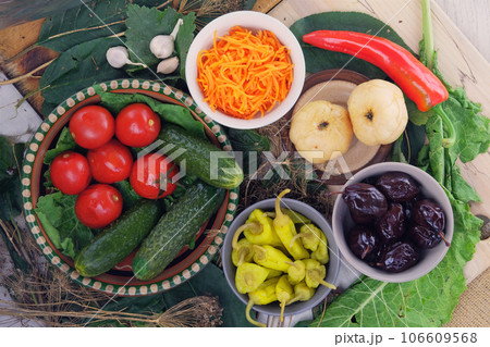 Fermented organic food in bowls. Set of fermented products. Variety healthy food. Fermented organic food in bowls. Set of fermented products. Variety healthy food. 106609568