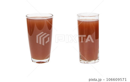 Brown mangosteen juice in tall two glass isolated on white background. Rich vitamin in anti-oxidants. Juice is made fruit and its seeds which are blended until smooth filtered and added honey.  106609571