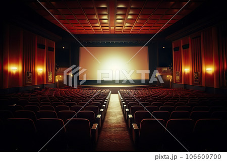 Cinema Auditorium. Blank Canvas of Entertainment with Empty Curtains and White Screen. created with Generative AI 106609700