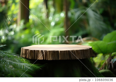 Natural Elegance Empty Wooden Cut Against Lush Green Forest Background for Product Display. created with Generative AI Natural Elegance Empty Wooden Cut Against Lush Green Forest Background for Product Display. created with Generative AI 106609836