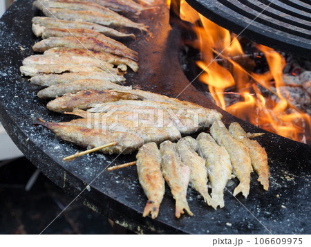 Barabulka Mullus barbatus, delicious fish cooked on the grill, close-up on the background of the fire in the brazier. Barabulka Mullus barbatus, delicious fish cooked on the grill, close-up on the background of the fire in the brazier. 106609975