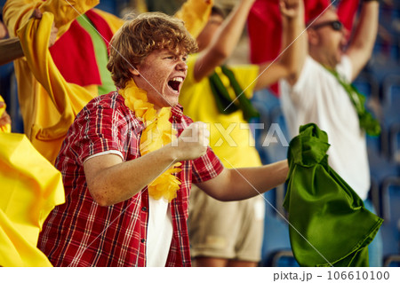Group of port enthusiast attending football match, emotionally shouting, cheering favorite team during game 106610100