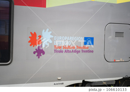 Banner of Europaregion Euregio Tirol Sudtirol Alto Adige Trentino on a train 106610133