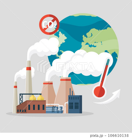 Prohibiting emissions carbon dioxide CO2 red sign crossed out inside circle on planet background with globe and smoking chimneys of factory. Prohibition symbol icon, stop pollution vector Illustration Prohibiting emissions carbon dioxide CO2 red sign crossed out inside circle on planet background with globe and smoking chimneys of factory. Prohibition symbol icon, stop pollution vector Illustration 106610138