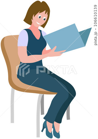 Female character sitting on chair at office meeting holding folder with paper document. Woman reading textbook, conference secretary. Businesswoman or clerk working with documentation, paperwork 106610139