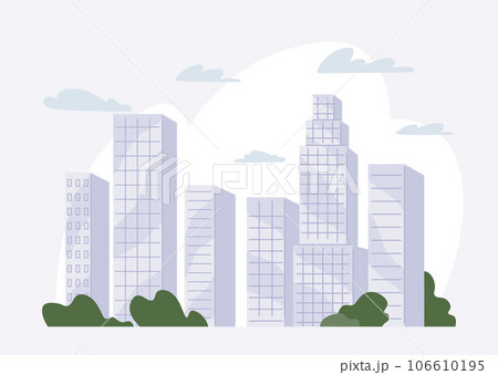 Urban city view in flat style. Modern cityscape, architecture of big town. Municipal landscape with group of tall constructions. High-rise buildings, downtown skyscrapers with glass facades Urban city view in flat style. Modern cityscape, architecture of big town. Municipal landscape with group of tall constructions. High-rise buildings, downtown skyscrapers with glass facades 106610195