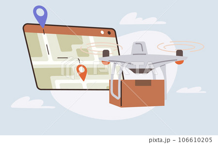 Delivery service with copter, shipping parcel package. Transportation of goods using flying copter. Future technologies online delivery of boxes. Helicopter, quadcopter with box smart urban logistics 106610205