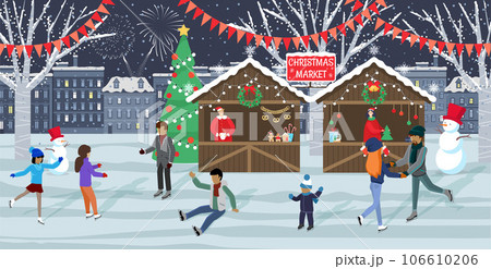 People have fun at ice-skating outdoor rink, new year winter holidays modern city street with night cityscape background, snowman and christmas market. Winter season activity and entertainment 106610206