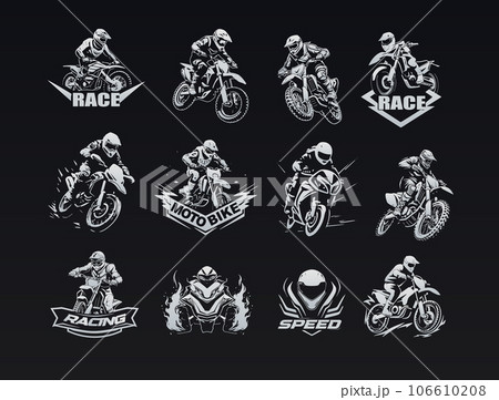 Bold and modern motorcycle icon set in a dynamic edgy style. Power and adrenaline black and white icons for motocross enthusiasts. Versatile minimalist silhouette collection of sport motorbike icons. Bold and modern motorcycle icon set in a dynamic edgy style. Power and adrenaline black and white icons for motocross enthusiasts. Versatile minimalist silhouette collection of sport motorbike icons. 106610208