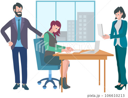Office workers. Vector illustration. Teamwork cultivates supportive and collaborative work environment In team meeting, goals and targets are discussed and aligned Office workers utilize technology 106610213