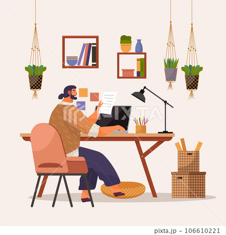 Home office. Interior vector illustration. Work from home. Remote work provides freedom to design workspace that suits individual needs Home office comfortable and productive environment for work Home office. Interior vector illustration. Work from home. Remote work provides freedom to design workspace that suits individual needs Home office comfortable and productive environment for work 106610221