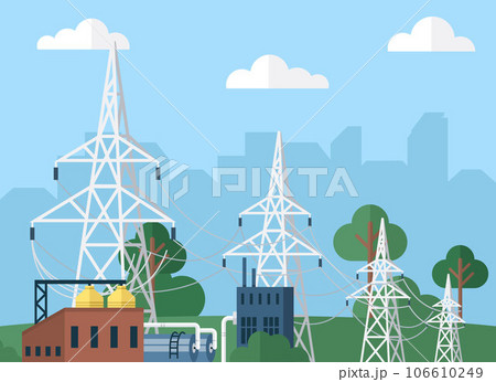 High voltage electricity distribution grid pylons. Electrical power lines in nature background. Flat vector illustration of utility electric transmission transformer network providing energy supply 106610249