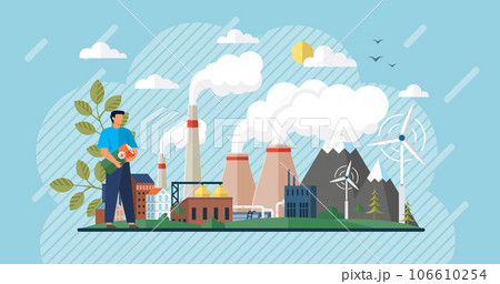 Recycling carbon dioxide concept. Renewable alternative energy. Ecological CO2 consumption for production. Nature friendly and clean fuel substitute. Green energy and wind farm, stop air emission 106610254