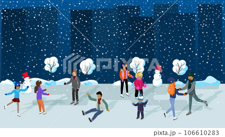 People at ice-skating outdoor rink merry christmas new year winter holidays modern city street with night cityscape background snowman and falling snowflakes. Winter season activity and entertainment People at ice-skating outdoor rink merry christmas new year winter holidays modern city street with night cityscape background snowman and falling snowflakes. Winter season activity and entertainment 106610283