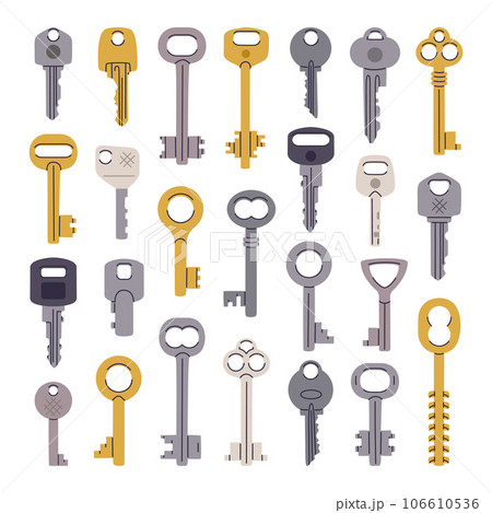 Door keys. Modern and vintage key, house or apartment entrance, car or mail box keys flat vector illustration set. Hand drawn keys collection 106610536