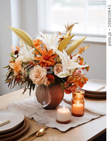 Beautiful fall table setting, autumn dinner table decoration with flowers and candles, holiday event decor in orange and yellow colors Beautiful fall table setting, autumn dinner table decoration with flowers and candles, holiday event decor in orange and yellow colors 106610641