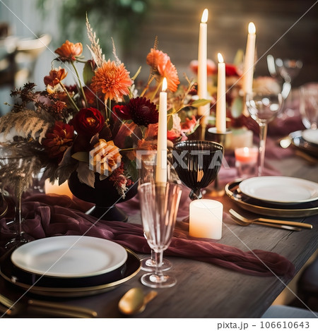 Beautiful fall table setting, autumn dinner table decoration with flowers and candles, holiday event decor in orange and yellow colors 106610643