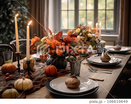 Beautiful fall table setting, autumn dinner table decoration with flowers and candles, holiday event decor in orange and yellow colors Beautiful fall table setting, autumn dinner table decoration with flowers and candles, holiday event decor in orange and yellow colors 106610649