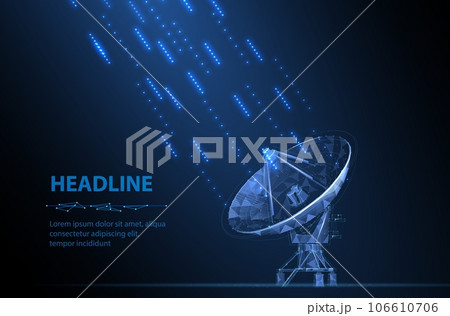 Abstract 3d satellite antenna. Radio telecommunication, astronomical telescope, military radar, universe research observatory, data transmit, satellite signal receiver concept 106610706