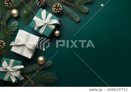 Christmas border with xmas tree and gifts on green background. Winter holiday. Happy New Year. Space for text. View from above, flat lay. Xmas. Template, mockup. Greeting card. Christmas border with xmas tree and gifts on green background. Winter holiday. Happy New Year. Space for text. View from above, flat lay. Xmas. Template, mockup. Greeting card. 106610732