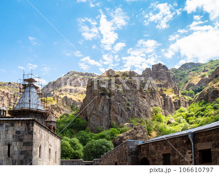 view from courtyard of Geghard monastery to rocks view from courtyard of Geghard monastery to rocks 106610797