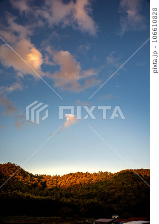 京都の秋、嵯峨野の田園に秋の夕暮れの残光 106610828