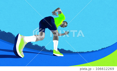 Bottom view of man, athlete in motion, running, preparing for competition. Contemporary art collage. 106612269