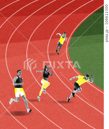 Competitive young people, men and women running on stadium, preparing for competition. Contemporary art collage. 106612300