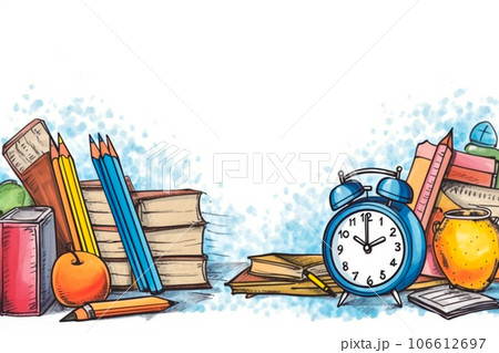 Ready for school concept background with books, alarm clock and accessory. Ready for school concept background with books, alarm clock and accessory. 106612697
