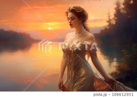 夕日に照らされるハーフの女性 106612951