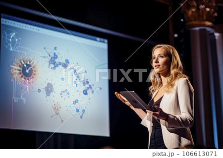 Woman on stage at conference holding a presentation, Speaker having a lecture 106613071